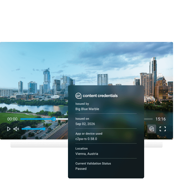 Video player showing Content Credentials on a video